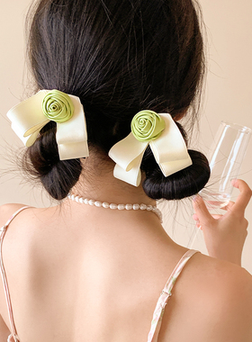 法式少女~绿色蝴蝶结山茶花发夹女后脑勺鸭嘴夹花朵发卡夹子头饰