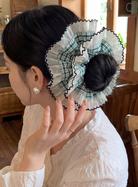 气质绿色格子花边双层大肠发圈女韩系复古温柔头饰发绳丸子头扎头