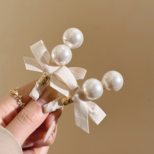 高级感法式 珍珠蝴蝶结发夹女边夹侧边碎发刘海鸭嘴夹子发卡头饰