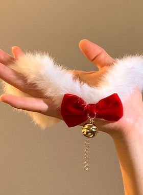 新年红色蝴蝶结铃铛毛绒项链女节日氛围感choker颈链圣诞锁骨链