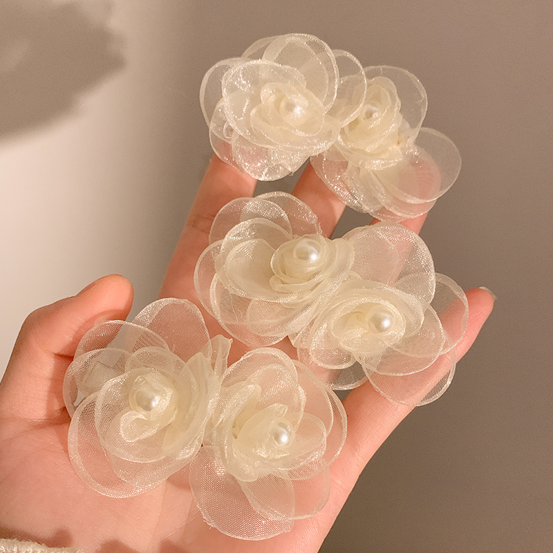 法式超仙白色网纱山茶花朵珍珠发夹女边夹侧边发卡超仙夹子头饰夏
