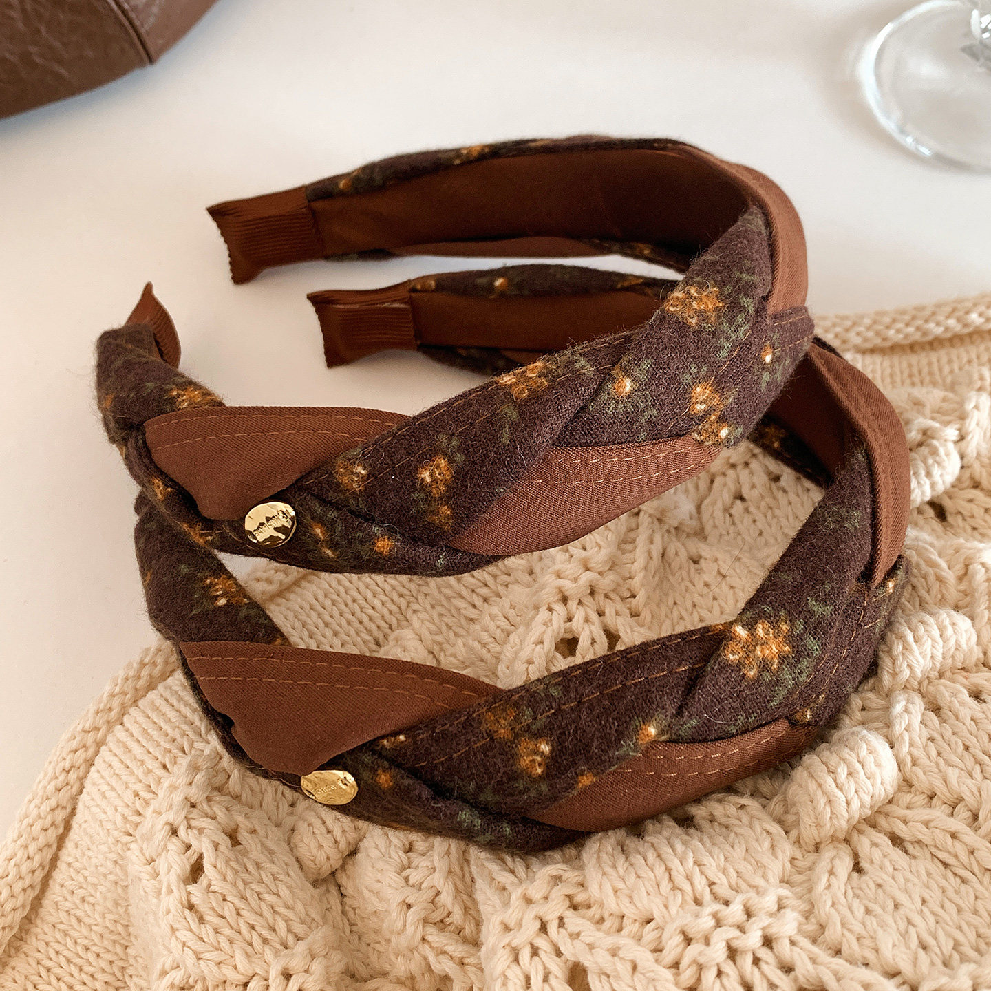 复古咖色碎花麻花辫宽边发箍女秋冬百搭头饰洗脸压发高颅顶头箍