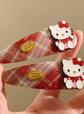 红色格子Kitty猫发夹边夹侧边bb夹女高级感卡通刘海夹子发卡头饰