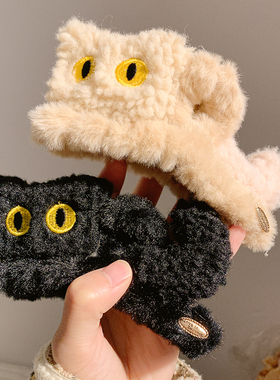 可爱黑色猫咪毛绒抓夹女发夹后脑勺发量多大号头饰夹子鲨鱼夹秋冬