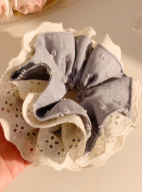 小众韩系蓝灰色牛仔蕾丝大肠发圈女复古超大头饰发绳扎头发丸子头