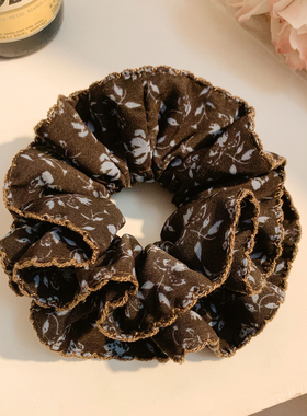 慵懒风黑色碎花缎面双层大肠发圈女气质复古头饰扎头发丸子头发绳