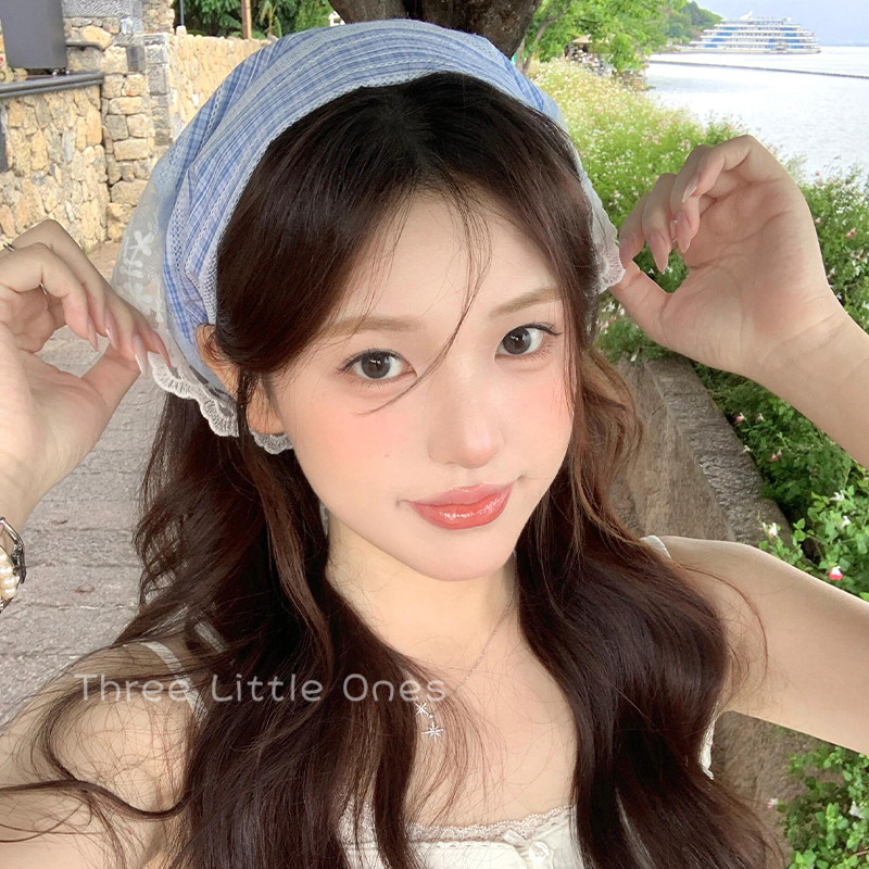 法式复古蓝色蕾丝三角头巾女小清新海边旅游拍照包头绑发发带春季