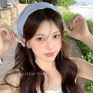 法式复古蓝色蕾丝三角头巾女小清新海边旅游拍照包头绑发发带春季