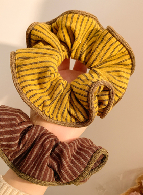 复古韩系黄色条纹毛线大肠发圈女慵懒风气质头饰扎头发秋冬发绳