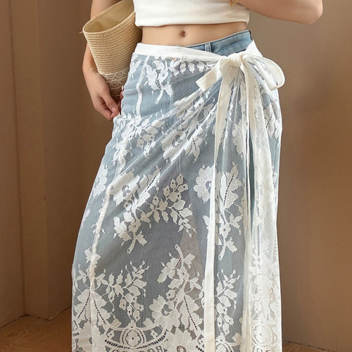 法式白色蕾丝长款屁帘女系带叠穿
