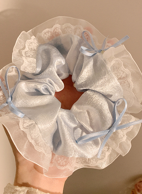 静谧星空~蓝色蝴蝶结蕾丝大肠发圈女高级感韩系缎面头绳发饰发饰