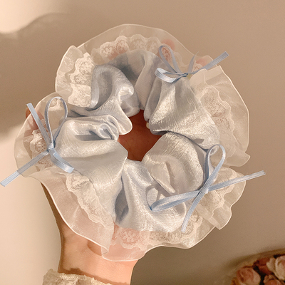 静谧星空~蓝色蝴蝶结蕾丝大肠发圈女高级感韩系缎面头绳发饰发饰