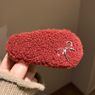 慵懒风红色蝴蝶结羊羔毛发夹边夹侧边女韩系新年头饰前额刘海bb夹