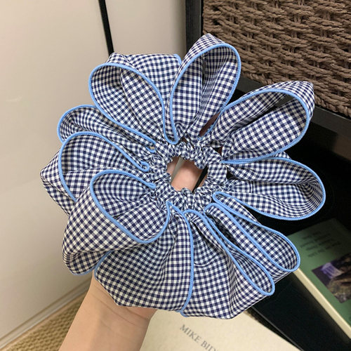 蓝色格子花朵大肠发圈女高级感