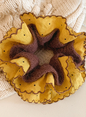 韩系黄色波点毛线针织大肠发圈女秋冬高级感丸子头新款发饰头绳