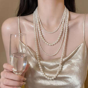 复古多层巴洛克珍珠项链女轻奢小众高级感长款毛衣链个性夸张颈链