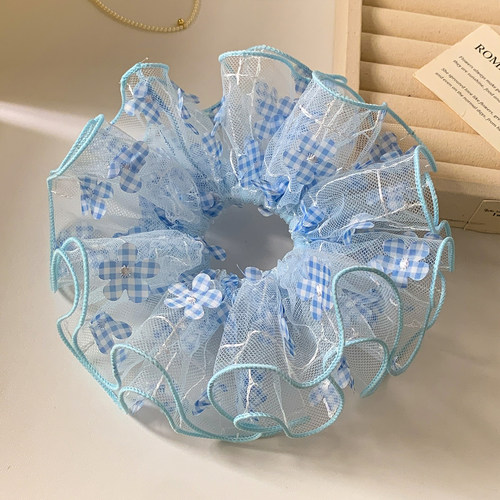 冰蓝纱圈~蓝色格子花朵网纱发圈