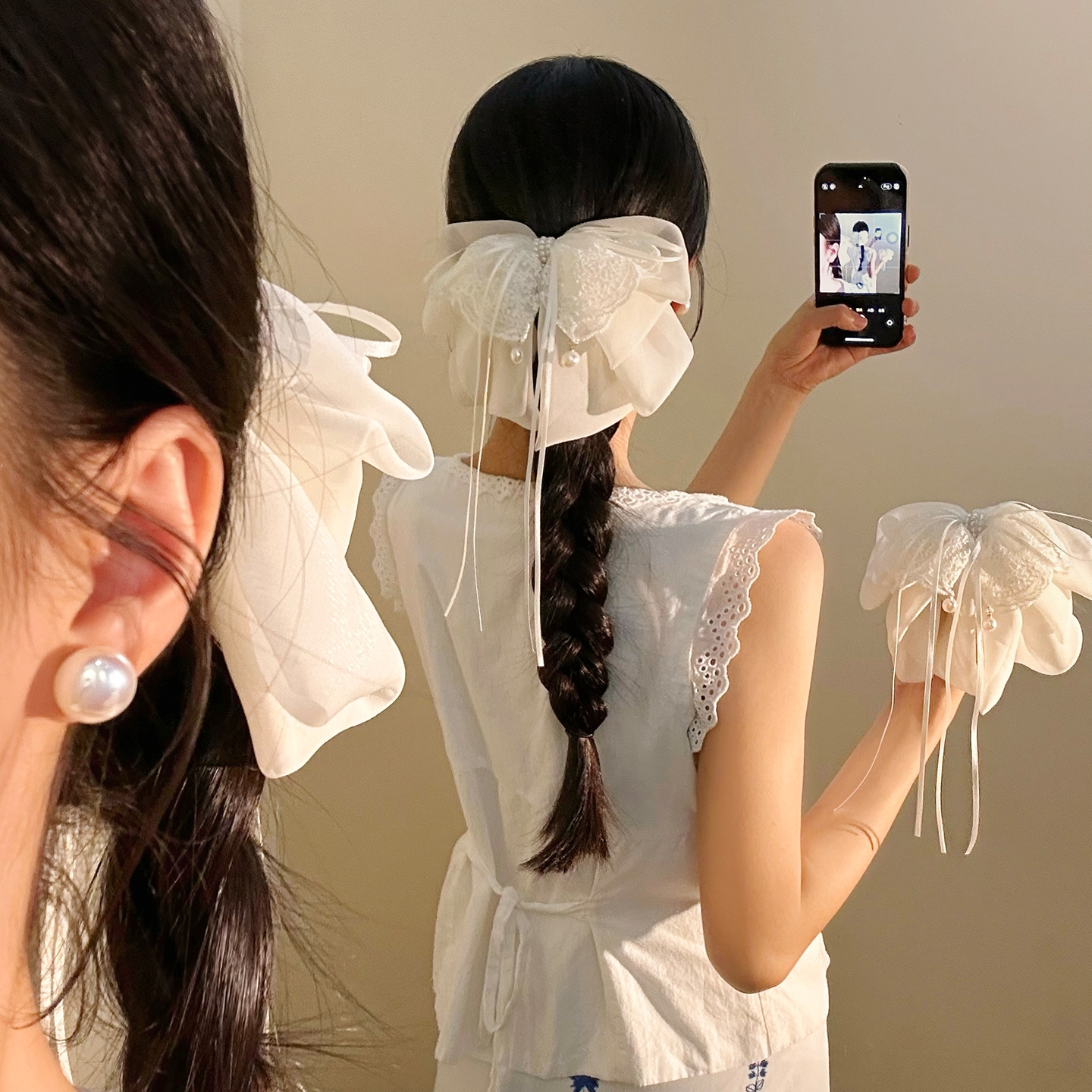 白色蕾丝蝴蝶结珍珠马尾抓夹