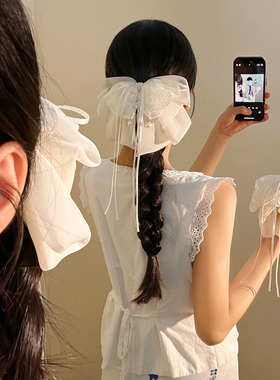 白色蕾丝蝴蝶结珍珠马尾抓夹女高级感温柔百搭夹子头饰后脑勺发夹