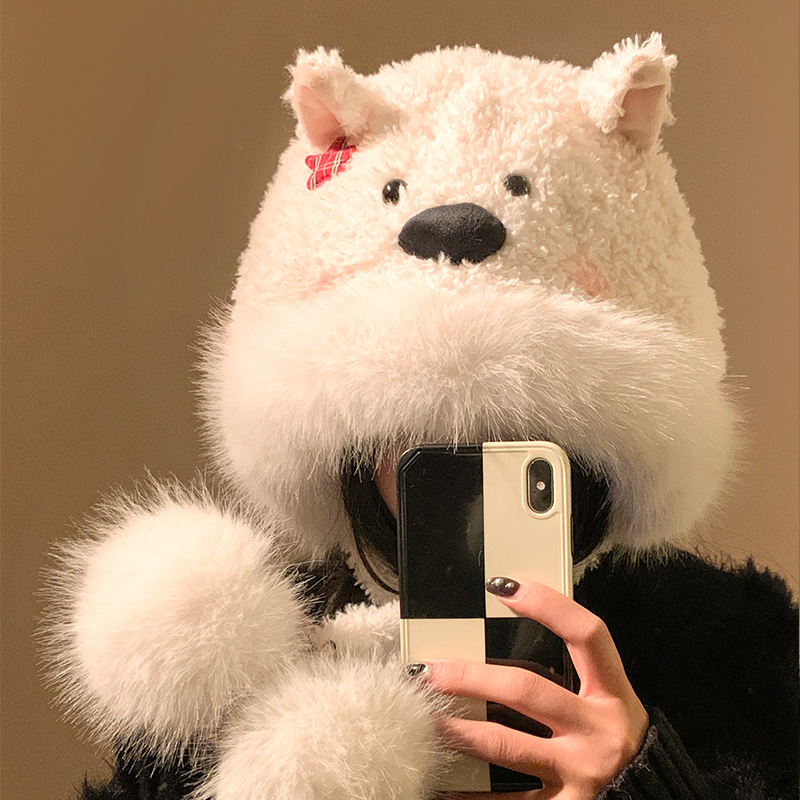 可爱腮红西高地白色毛绒帽