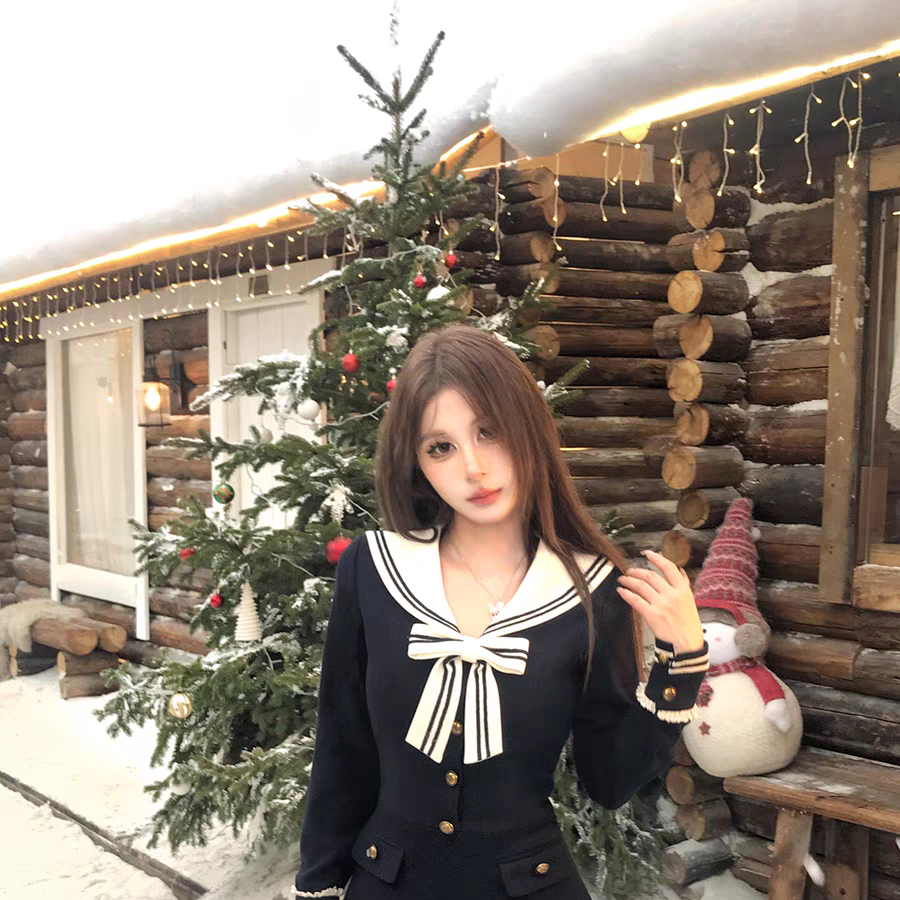 Mejiu蜜九心动学姐海军领学院风长袖连衣裙女蝴蝶结甜美长裙