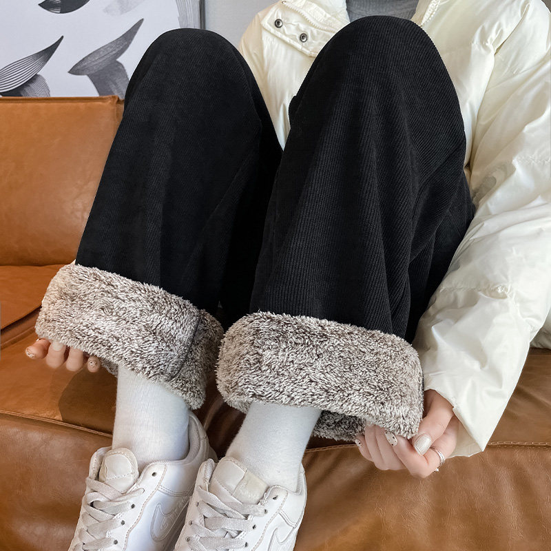 加绒裤子女秋冬2023新款女裤冬季高腰黑色窄版阔腿裤加厚保暖棉裤