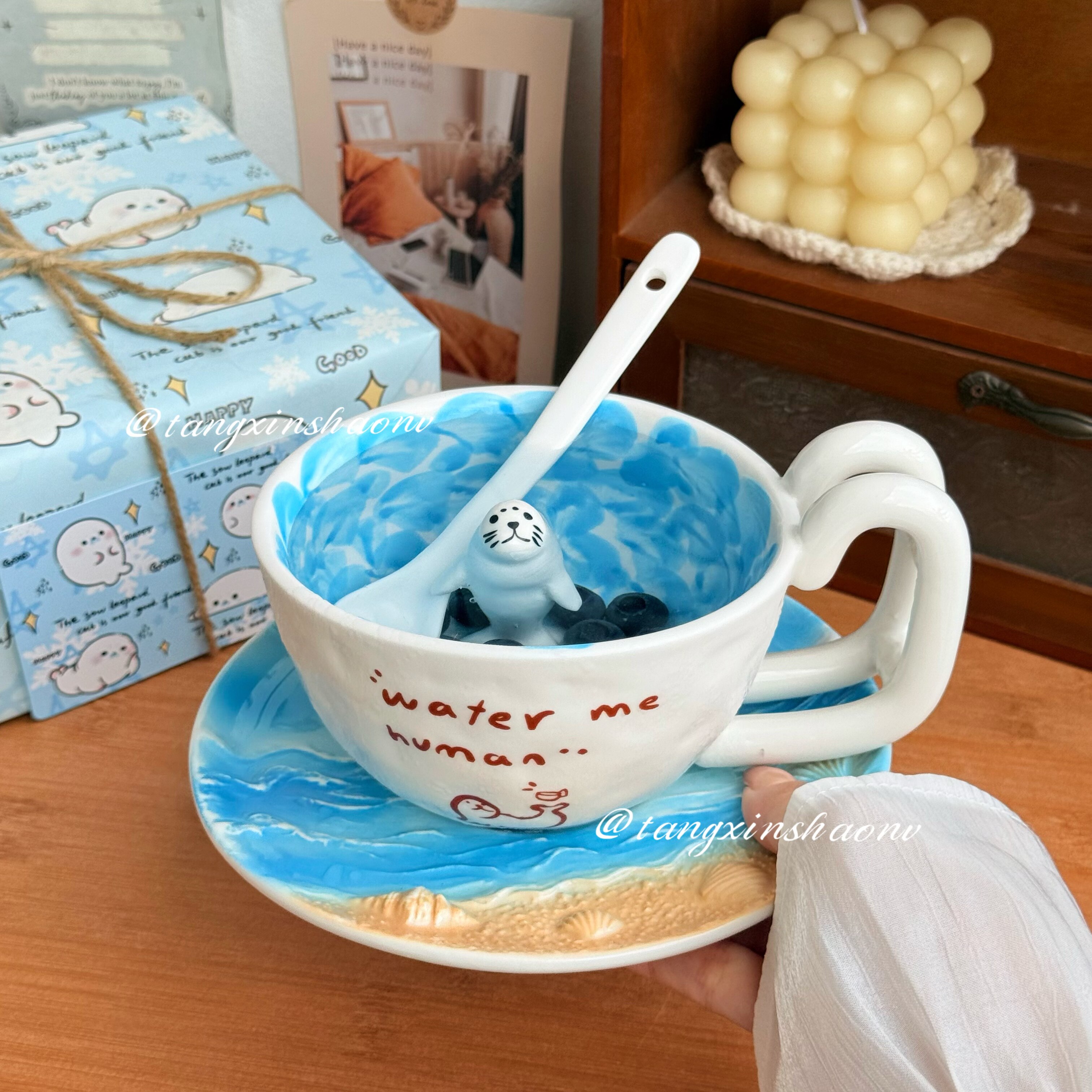 泳池海豹杯创意咖啡杯送朋友生日礼物情侣杯子礼品套组陶瓷杯子