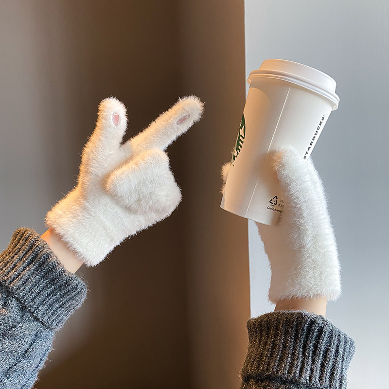 富柜毛绒手套女冬季2023新款加厚保暖漏二指触屏学生骑行冬天防寒