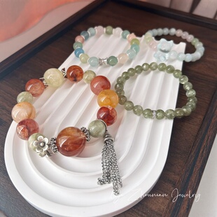 设计天然水晶手串女款 单圈手链红胶花祖母晶摩根石手串日常清新