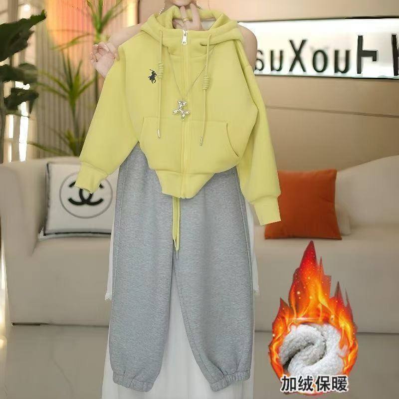女童秋冬加绒套装韩系休闲连帽