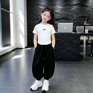 女童夏装黑色短袖大儿童跳舞上衣半袖9女孩夏季修身爵士舞t恤短款