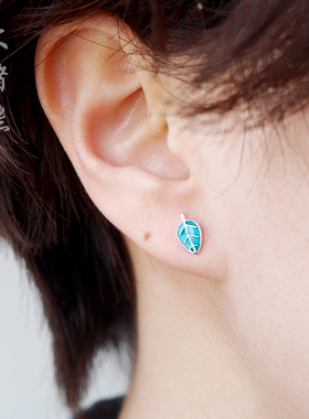 蓝色树叶耳钉银匠手工滴釉薄荷S925纯银简约配饰文艺清新百搭耳环