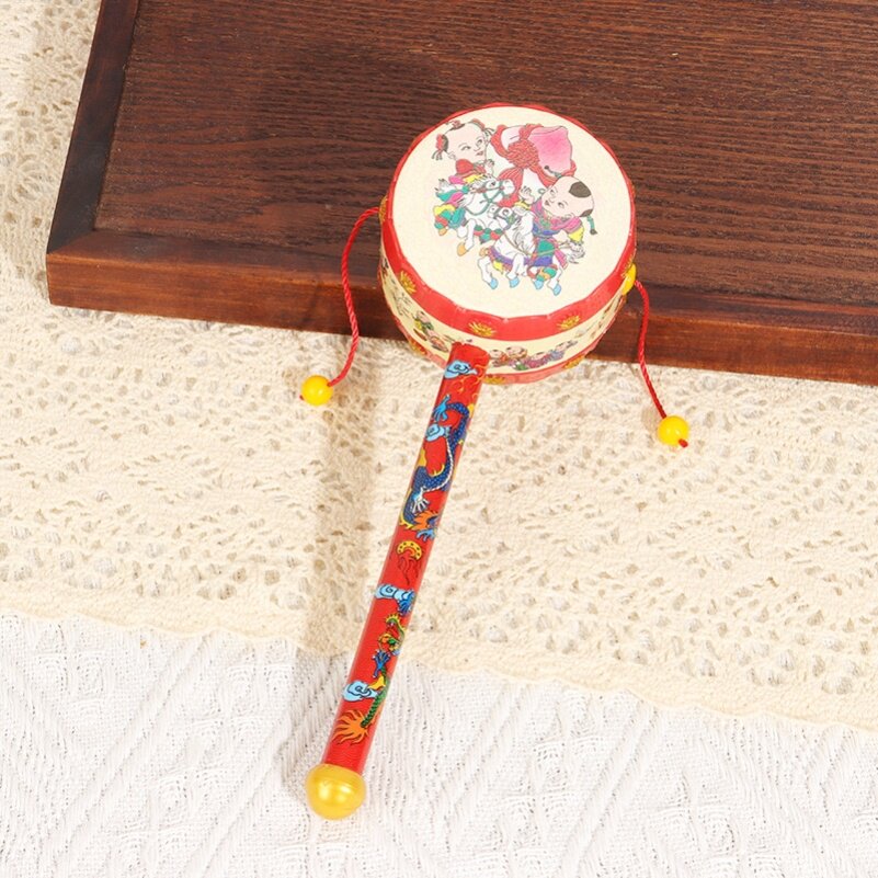 拨浪鼓老式手工牛皮可啃咬玩具早教手摇鼓羊皮货郎抓周幼儿园早教