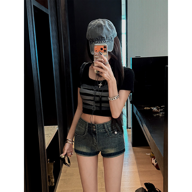 郑小亮高腰紧身牛仔超短裤女2026年夏季薄款显瘦弹力a字包臀热裤