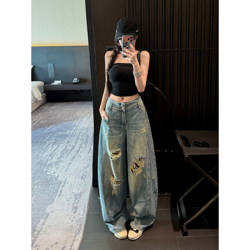 郑小亮低腰破洞弯刀牛仔裤女2026秋季新款显瘦宽松垂感阔腿拖地裤