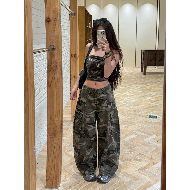 郑小亮迷彩个性工装弯刀牛仔裤女2026秋季新款宽松低腰阔腿拖地裤