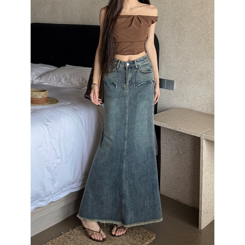 郑小亮毛边牛仔鱼尾裙女2026夏季薄款高腰宽松长款设计感半身裙潮