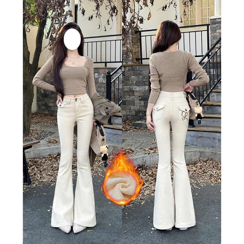 浅色加绒微喇叭牛仔裤女高腰2025冬季新款修身显瘦百搭马蹄裤洋气