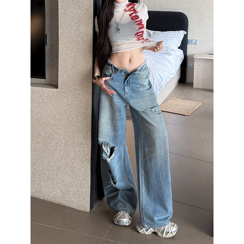 郑小亮辣妹低腰破洞窄版阔腿牛仔裤女2026秋季新款宽松显瘦拖地裤