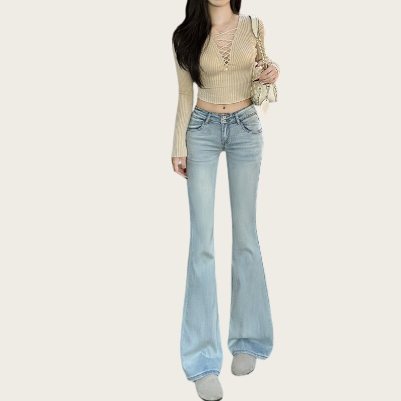 浅色低腰美式辣妹微喇叭牛仔裤女2026秋季新款丰跨修身休闲马蹄裤