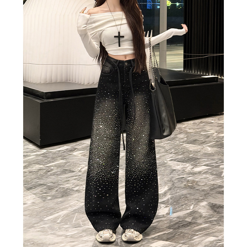 黑色烫钻直筒牛仔裤女休闲2026秋季新款高腰显瘦小个子阔腿拖地裤