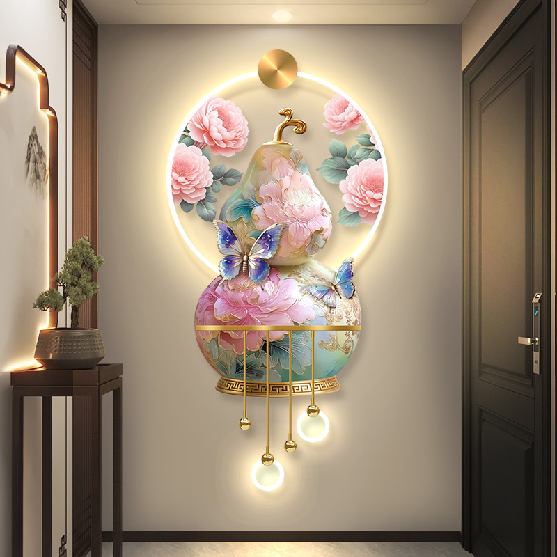 牡丹花开富贵玄关装饰画新中式入户门葫芦挂画电视背景墙带灯壁画图片