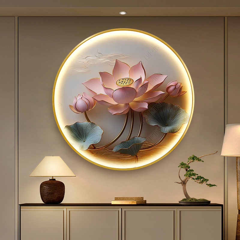 新中式圆形玄关带灯装饰画中国风荷花餐厅挂画客厅艺术LED灯壁画图片