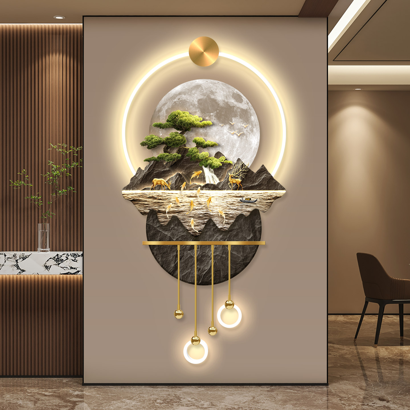 玄关装饰画2025新款高端led感应挂画迎客松九鱼发光走廊轻奢壁画图片