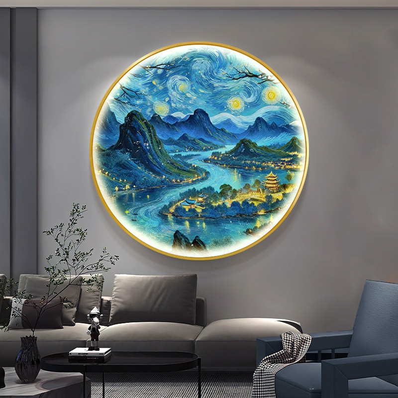 法式中国风圆形玄关装饰画梵高复古艺术高级感走廊发光山水挂画图片