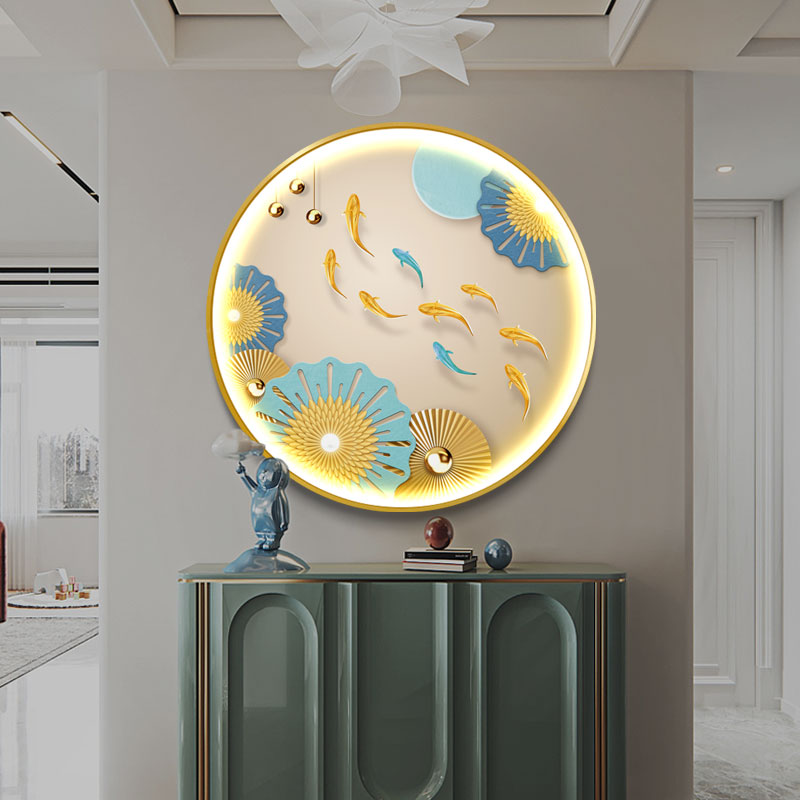 现代简约轻奢圆形锦鲤九鱼软装发光装饰画玄关LED灯背景墙挂画图片