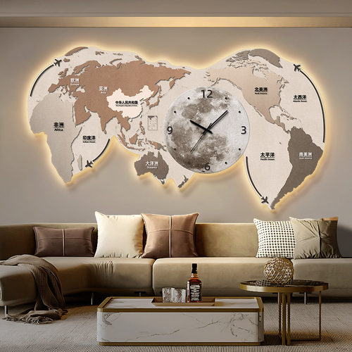 轻奢世界地图客厅装饰画办公会议室月球发光画沙发带钟表壁画挂画