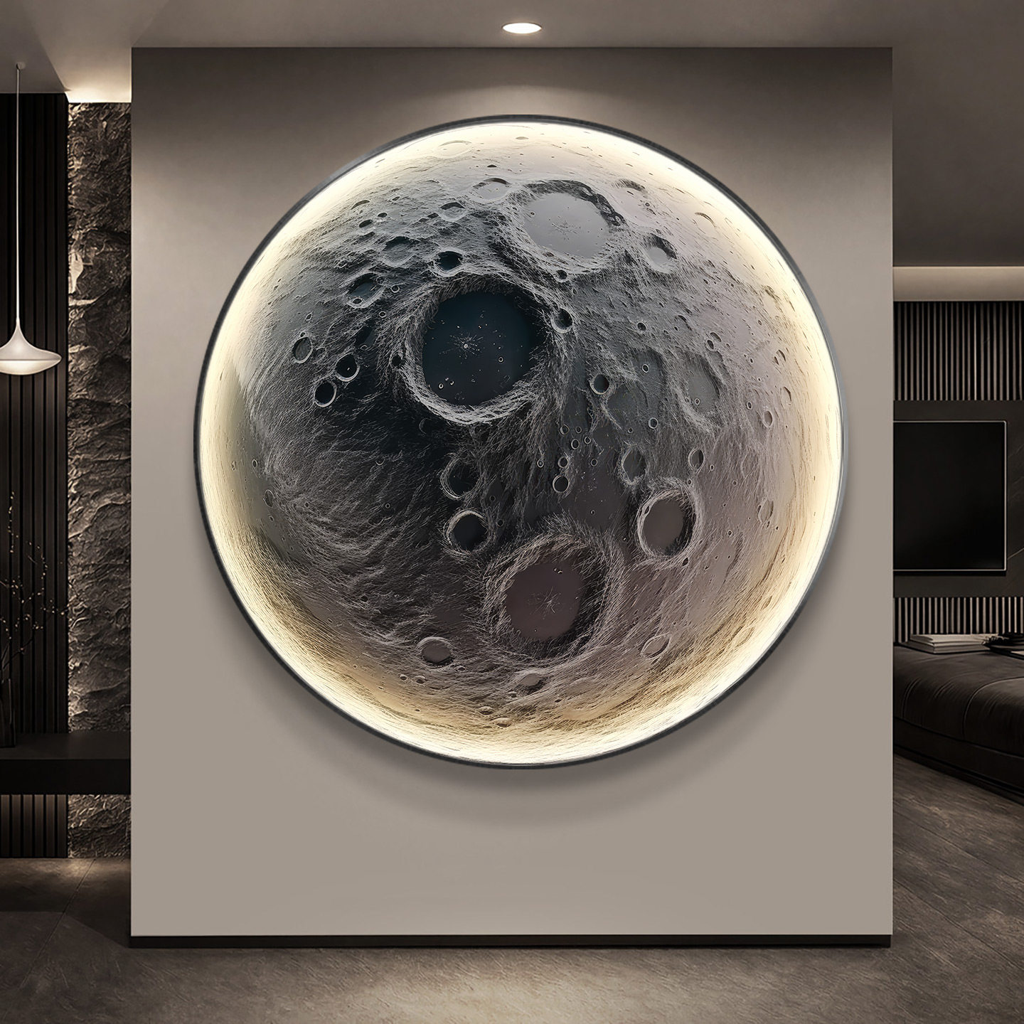 月球玄关圆形发光走廊高级感砂岩LED灯光画客厅床头壁挂画装饰画