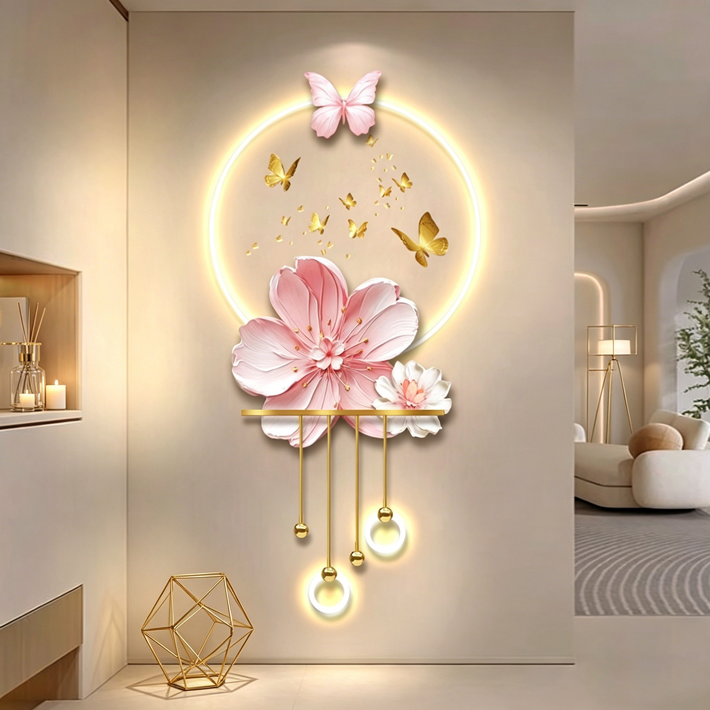现代轻奢入户玄关挂画奶油风花卉装饰画蝴蝶发光走廊立体LED灯画