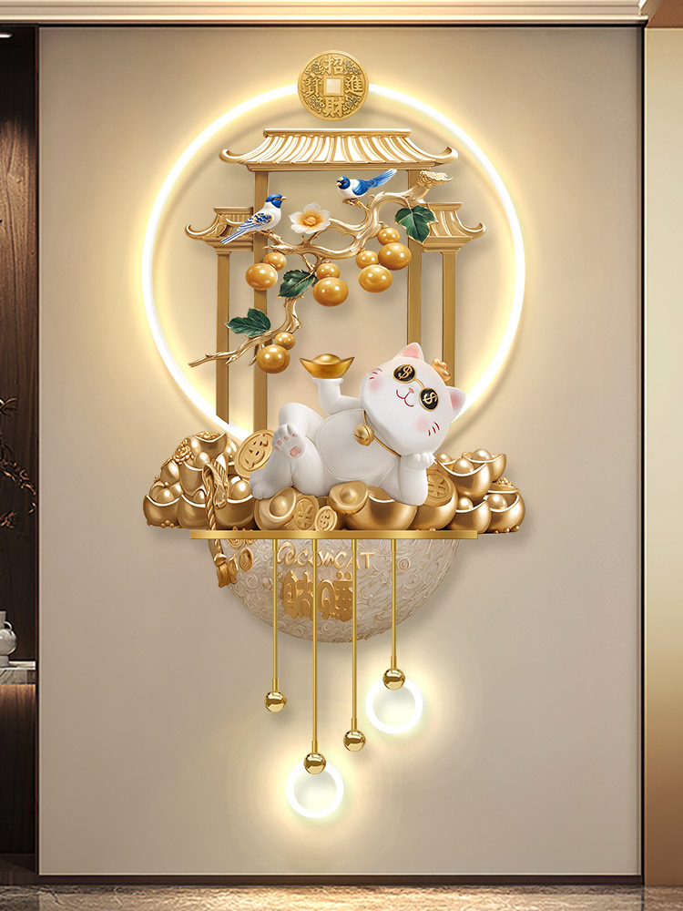 轻奢招财猫玄关装饰画电视背景墙格栅挂件五福临门聚宝盆带灯壁画